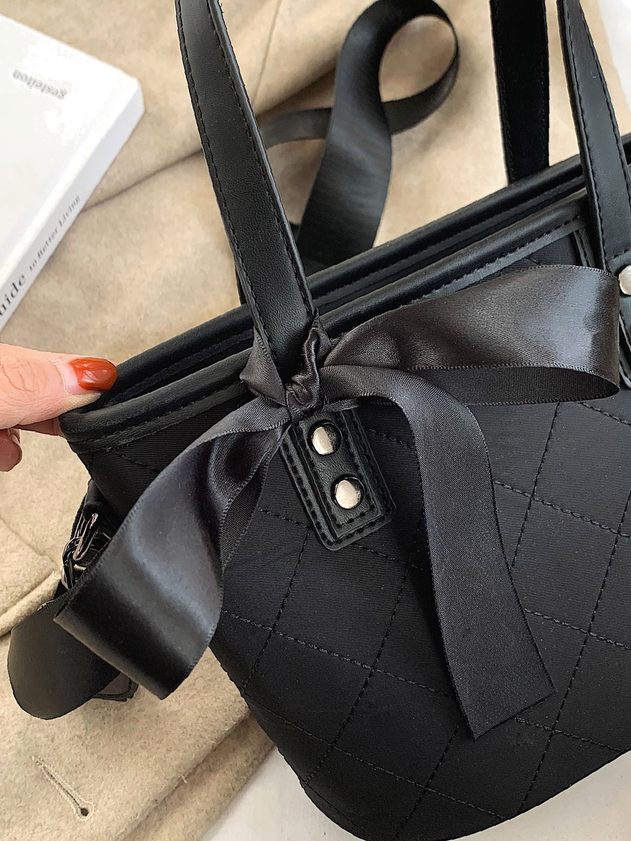 Twilly Scarf Decor Litchi Embossed Bucket Bag Fashion